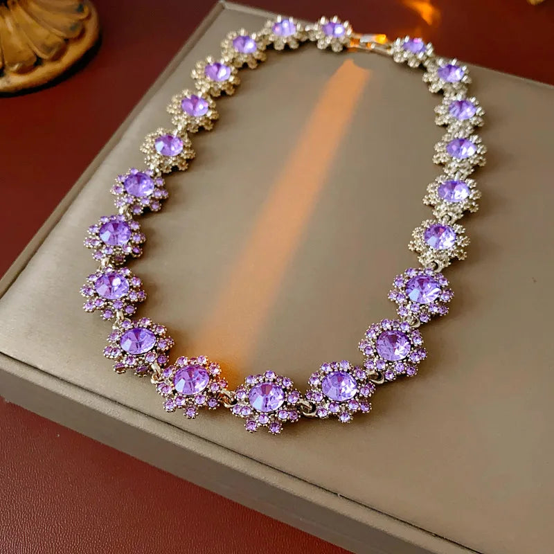 Vintage Amethyst Round Flower Cluster Necklace Bracelet Earring Jewelry Set Antique Silver Luxury Women Bridal Wedding Jewelry N