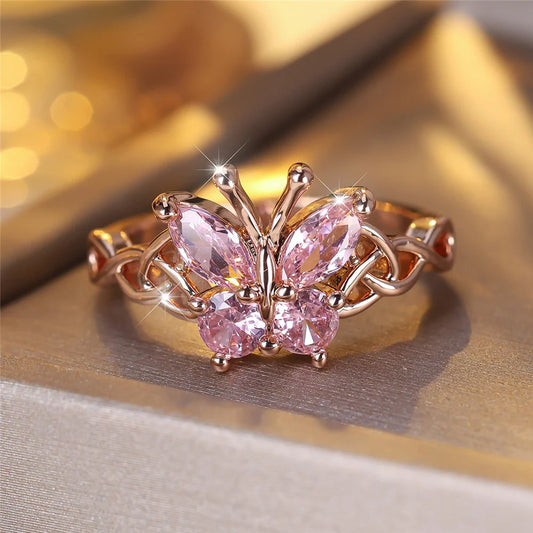 Trendy Pink Zircon Cute Butterfly Vintage Rose Gold Color Wedding Bands Engagement Rings For Women Men Minimalist Jewelry