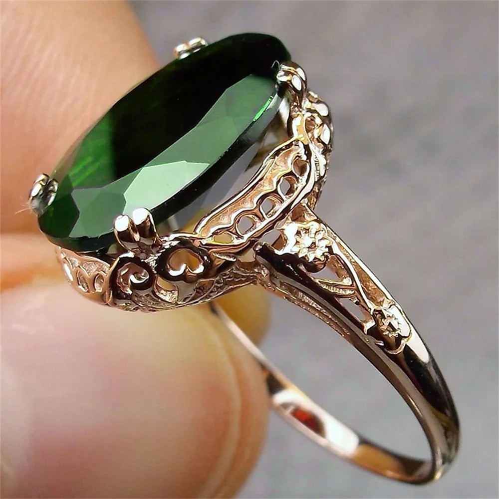 Huitan Rose Gold Color Women Ring Inlaid Shiny Red/Green Oval CZ Luxury Party Accessories Noble Fashion Engagement Chic Jewelry