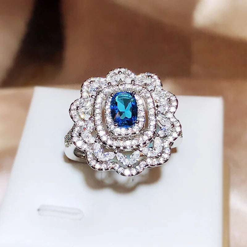 925 Silver Vintage Floral Blue Gemstone Ring Oval Sapphire Double Halo Cubic Zirconia Women Party Statement Ring