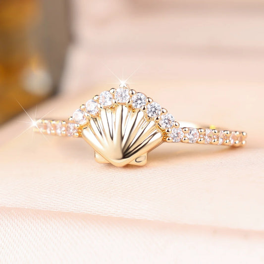 Small Shell Charm Female White Zircon Stone Finger Open Ring Vintage Gold Color Wedding Band Bridal Jewelry For Women