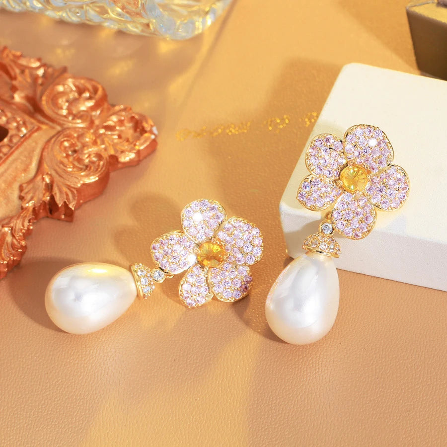 ThreeGraces Elegant Pink Yellow Cubic Zirconia Flower Shape Simulated Pearl Drop Earrings for Women Fashion Party Jewelry E1801