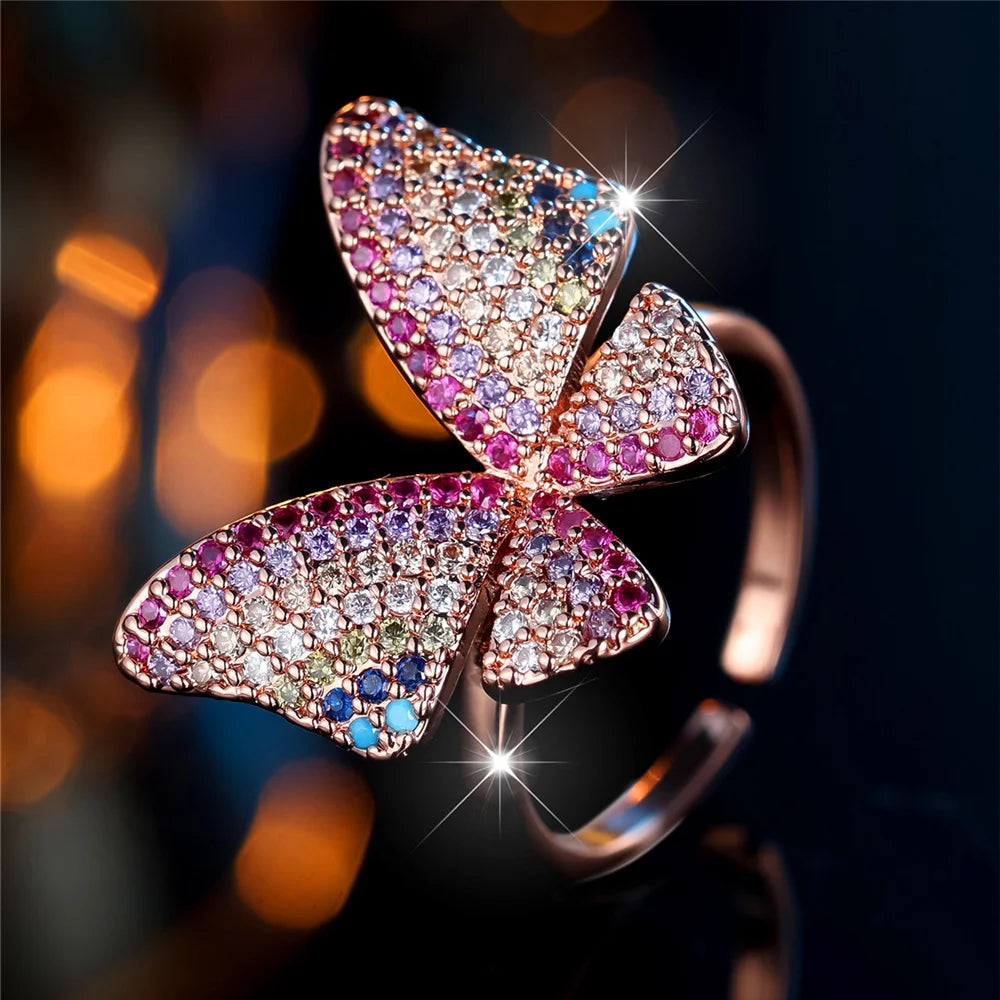 Charm Female Rainbow Butterfly Stone Adjustable Open Ring Gold Silver Color Cute Gift Wedding Jewelry For Women