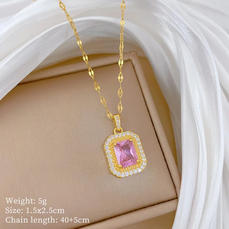 Korean Style Fashion Square Zircon Stainless Steel Necklaces For Women Luxury Elegant Female Clavicle Chain Jewelry Wholesale