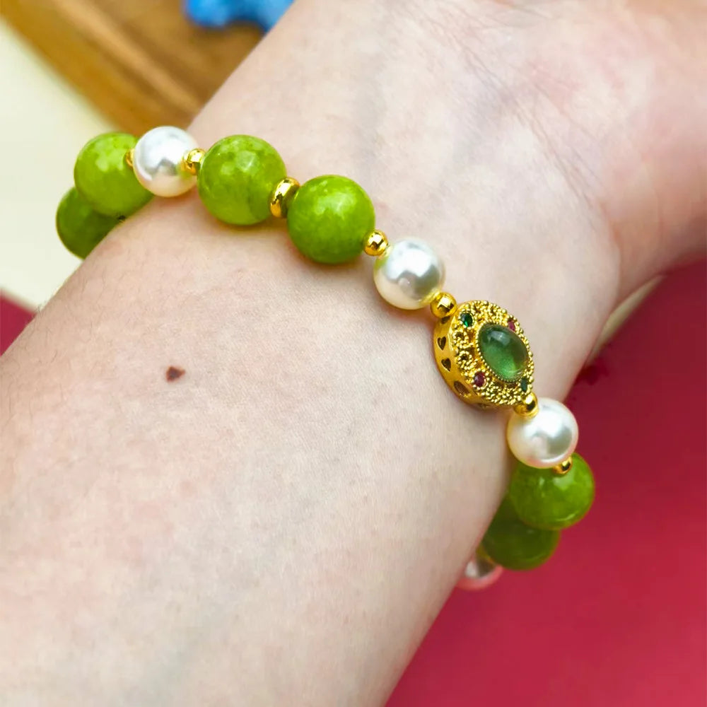 NEW Natural Green stone Beaded Pearl Bracelet for Women Golden Charm Boho Bracelet Wedding Party Daily Wear Jewelry Gift