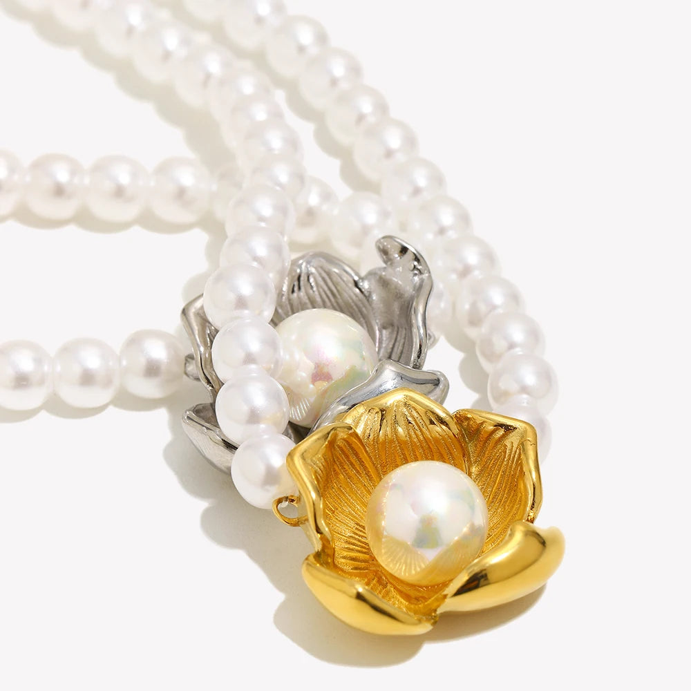 E.B.belle Imitation Pearl Flower Pendant Necklace Hypoallergenic 316L Stainless Steel Accessories 18K Gold Plated Gift