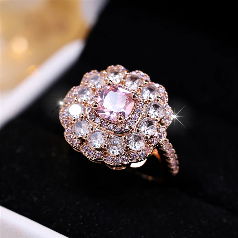 Luxury Female White Pink Square Flower Round Zircon Stone Ring Rose Gold Color Dainty Gift Party Wedding Jewelry For Women