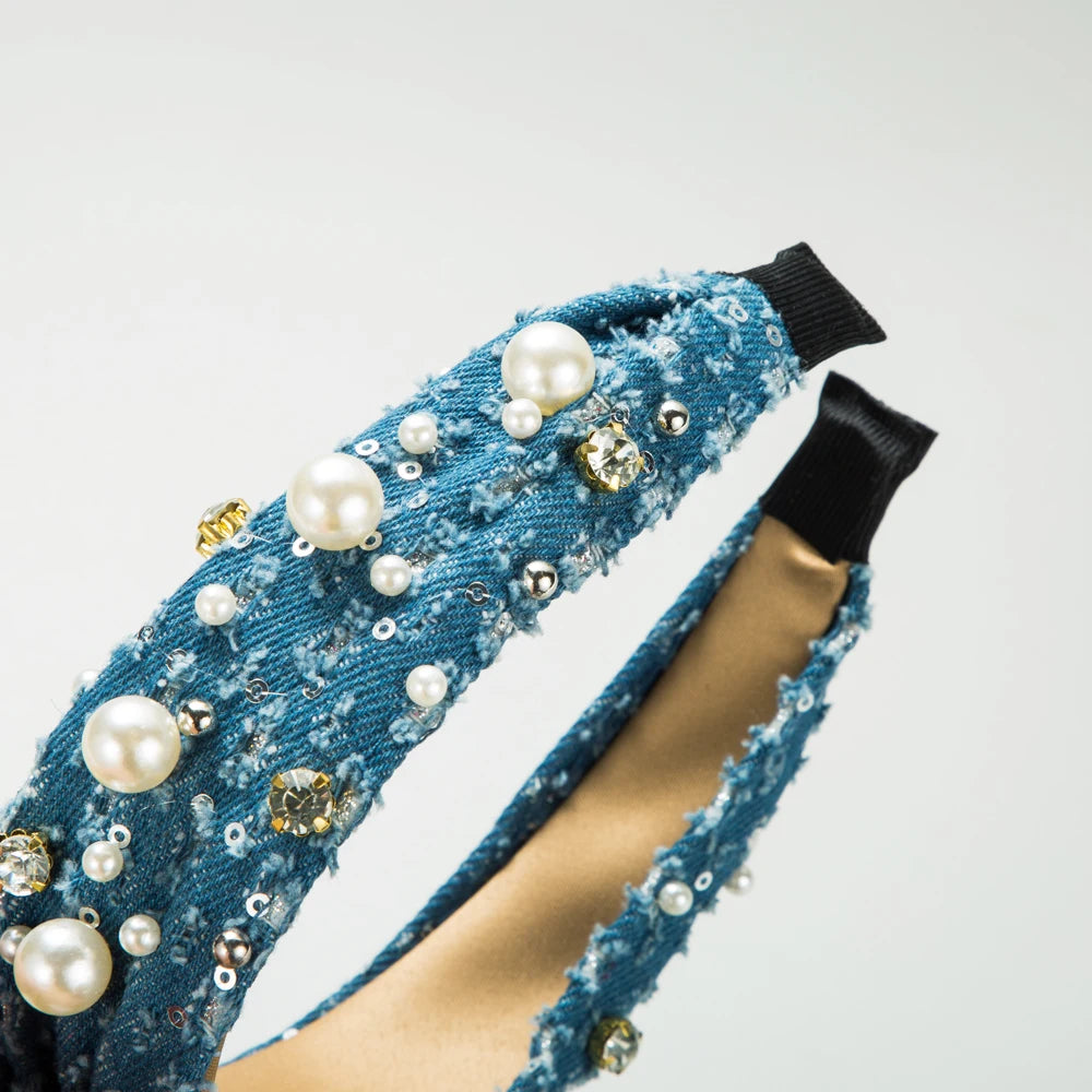 New European And American Denim Fabric Hairbands For Women With A High-End Sense Of Fashion And Trendy Pearl Glitter Headband