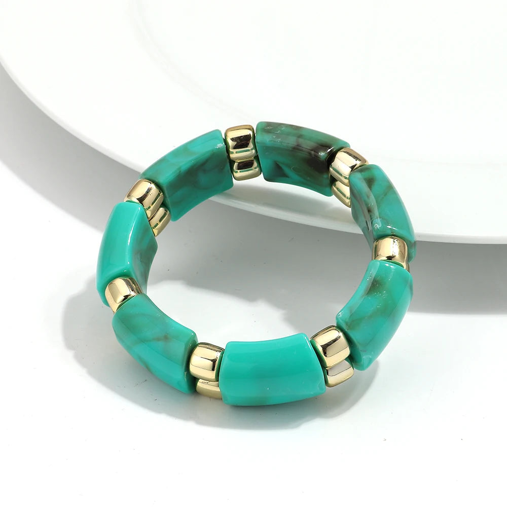 Vintage Acrylic Marbled Elastic Beads Bangle Bracelets for Women Fashion Golden CCB Round Beaded Cuff Bracelet Jewelry Gifts