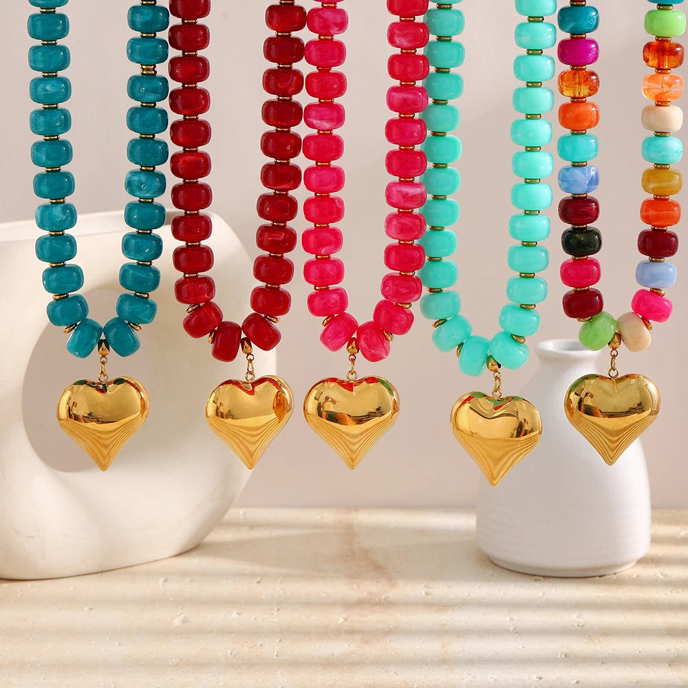 E.B.belle Candy Color Bead Heart Charm Necklaces Colorful Dopamine Resin Chain Necklace Tarnish Y2K Fashion Women Jewelry