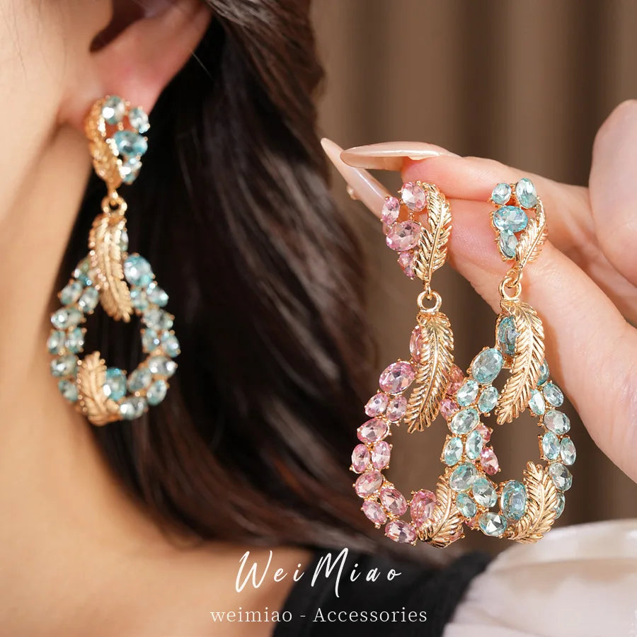 Vintage Rhinestone Inlaid Feather Drop Earrings Retro Style Light Luxury High Grade Elegant Exquisite Stud Ear Jewelry For Women