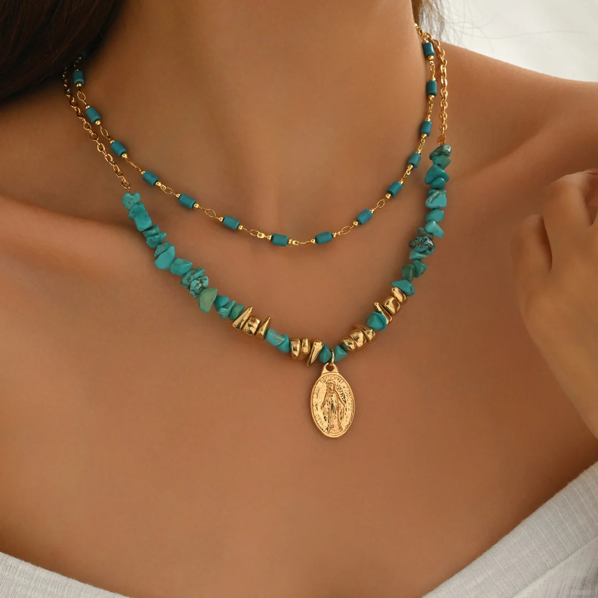 2Pcs Vintage Blue Natural Stone Beads Choker Necklaces for Women Bohemia Geometry Pendant Necklace Trendy Neck Jewelry
