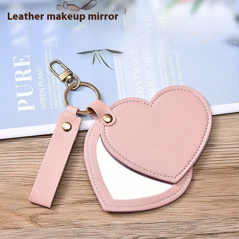 Multi-functional Heart Shape PU Leather Makeup Mirror Creativity Keychain Portable Compact with Chain for Purse Travel Gift