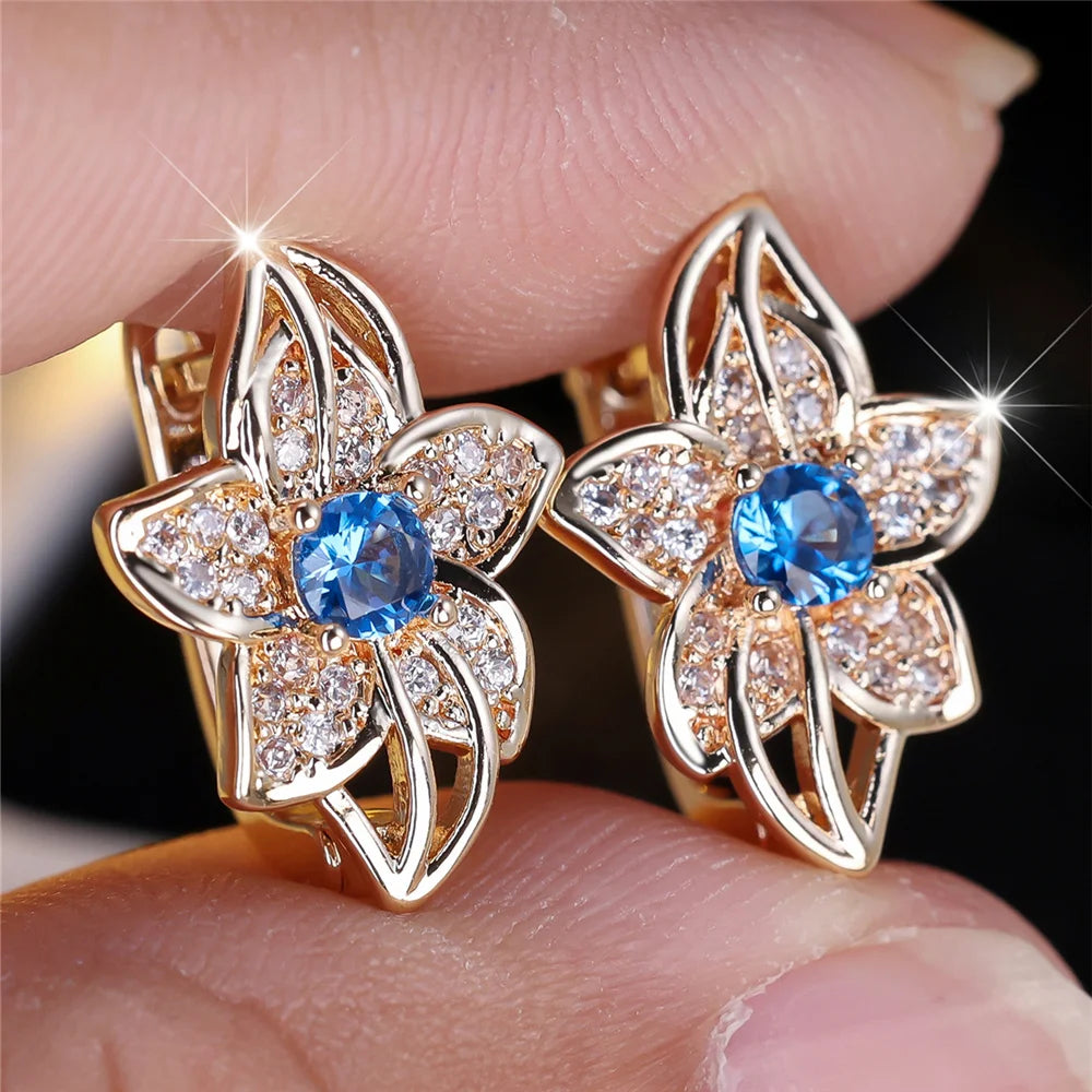Cute Water Blue Red Zircon Hoop Earrings Female Luxury Crystal Rose Gold Color Wedding Jewelry For Women