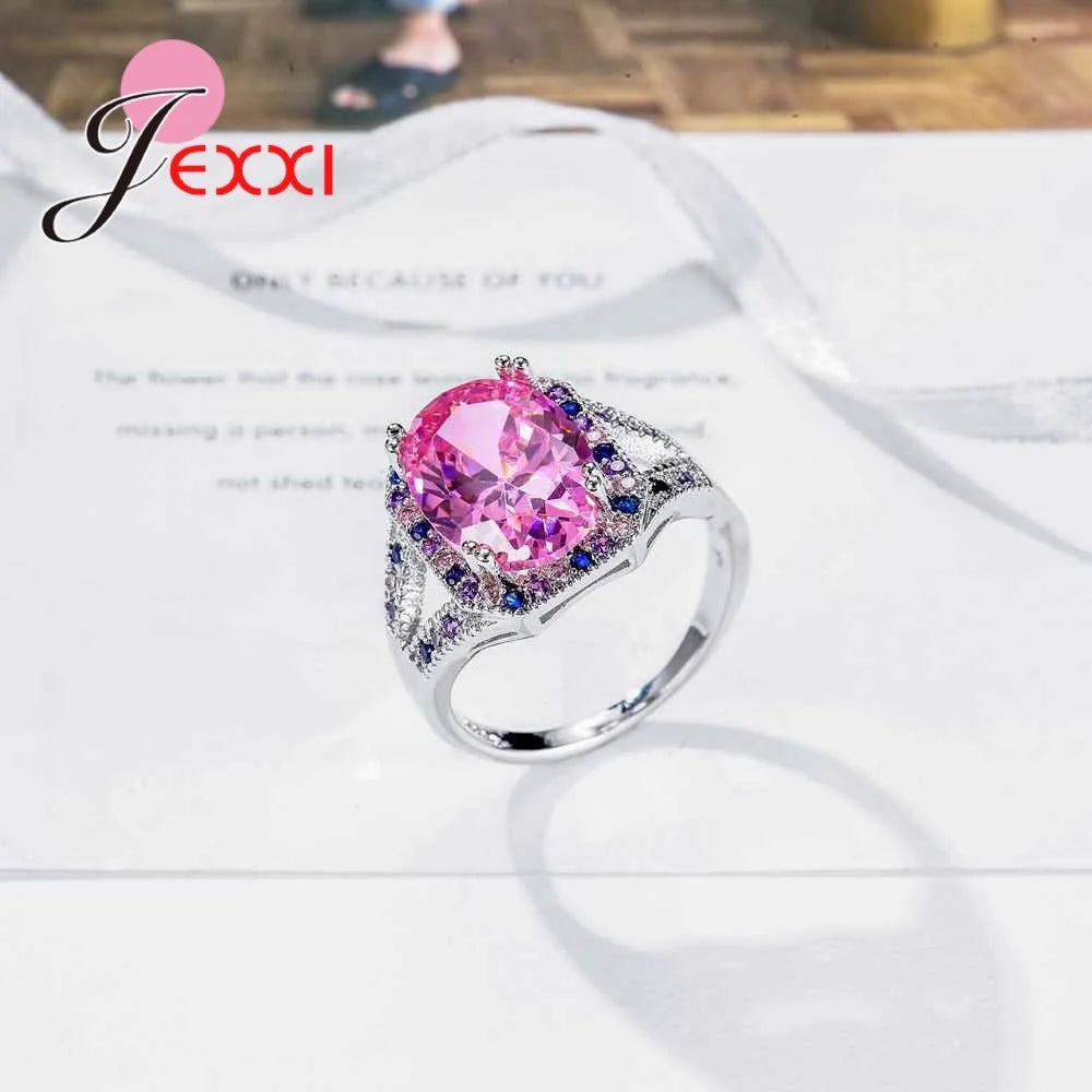 Trendy Colorful Zircon With Big Light Pink Crystal Paved AAA CZ Stones Wedding 925 Sterling Silver Color Rings For Women Part