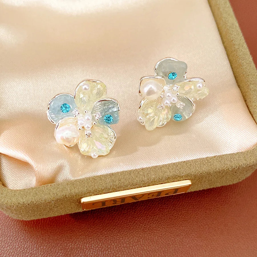 Iridescent Glass Beads Zircon Flower Stud Earrings Pastel Floral Imitation Pearl Earrings for Women Fairy Dating Daily Jewelry N
