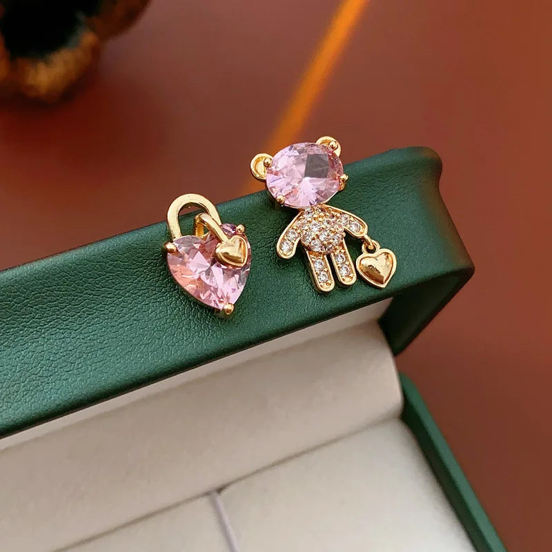 925 Silver Needle Zircon Bear Love Earrings for Women High-end Asymmetric Stud Earring Fashionable Versatile Sweet Jewelry