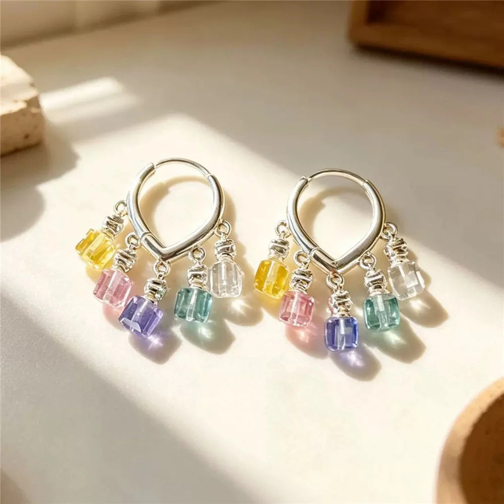 Simple Luxury Charm Female Small Geometric Rainbow Zircon Stone Drop Dangle Earrings Cute Silver Color Party Jewelry For Women
