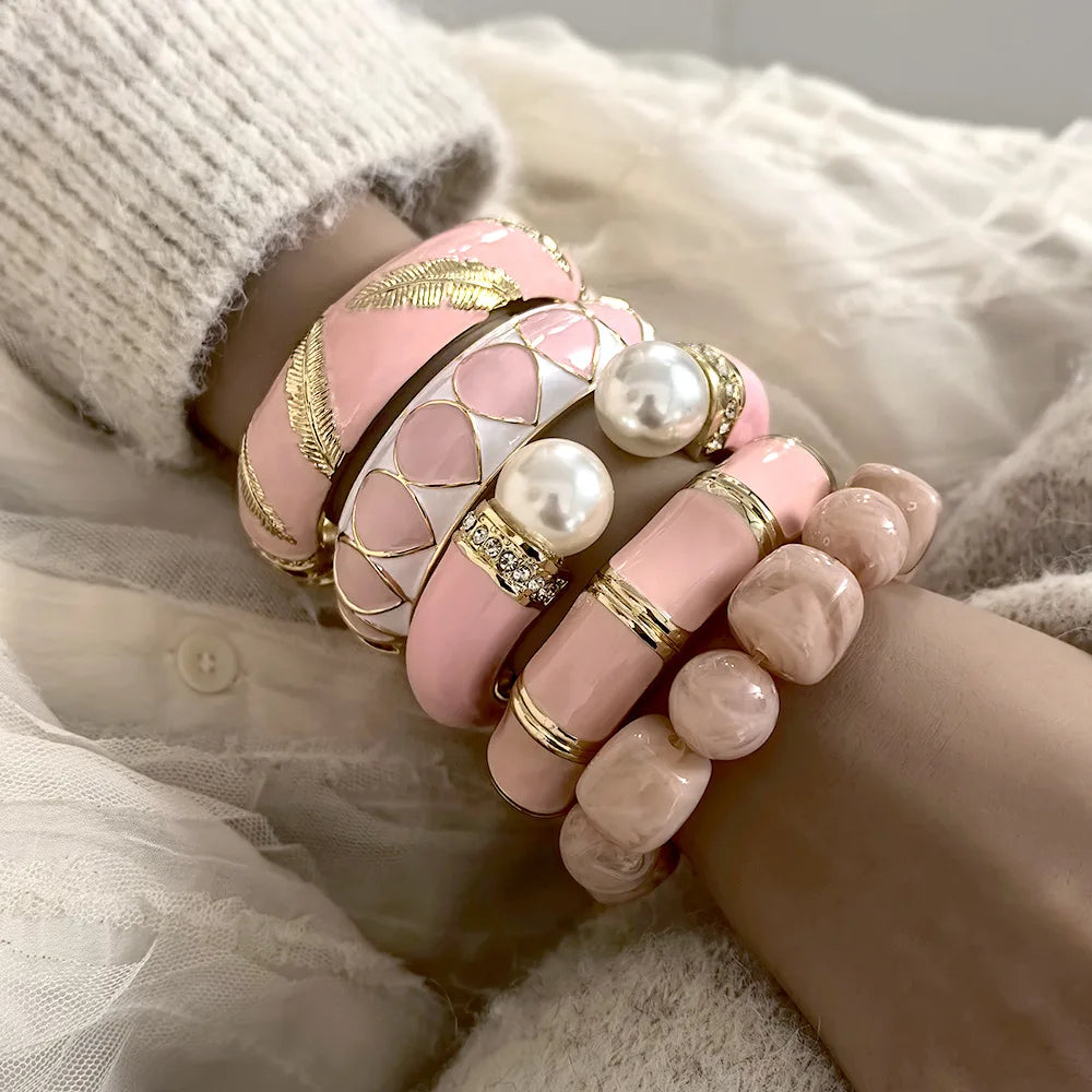 KMVEXO Sweet Pink Enamel Metal Spring Bangles For Women Exaggerated Geometric Wide Cuff Bracelets Girl's Aesthetic Jewelry