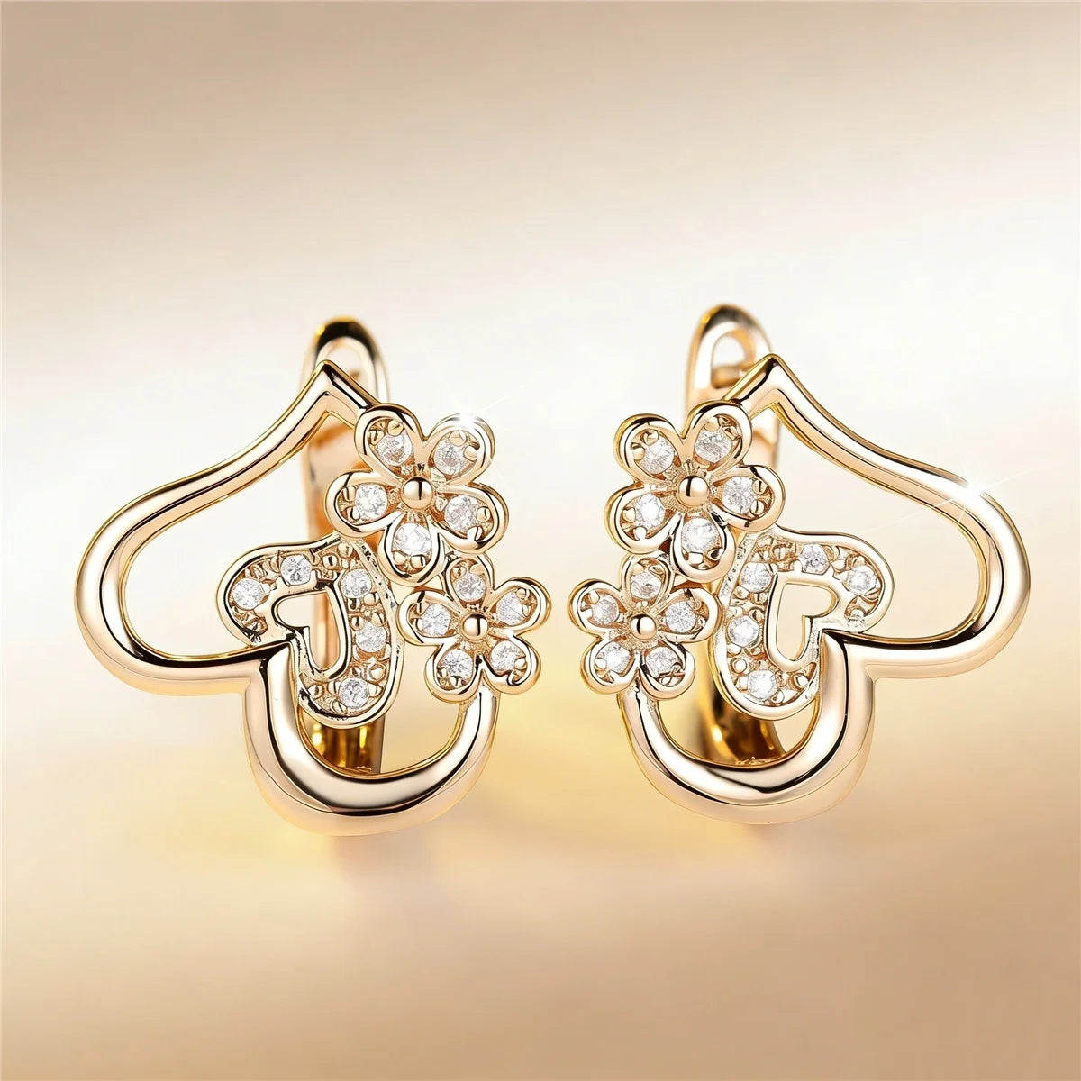 Small Heart Flower White Zircon Stone Fashion Hoop Earrings Charm Cute Female Gold Color Wedding Jewelry For Women