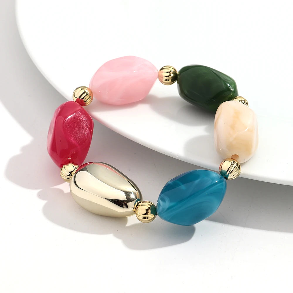 Fashion Acrylic Marbled Irregular Geometry Beads Stretch Bracelet Elegant Colorful Cuff Bangle Bracelets 2026 Trendy Jewelry