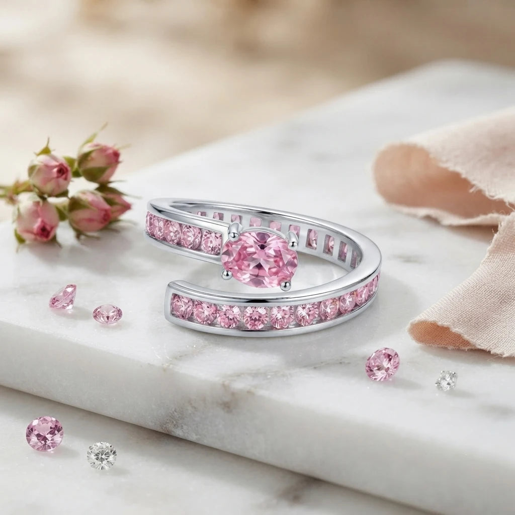 Silver Color Inlaid Oval Pink CZ Luxury Adjustable Women Open Ring, Jewelry Gift for Commute Party Dating Vacation