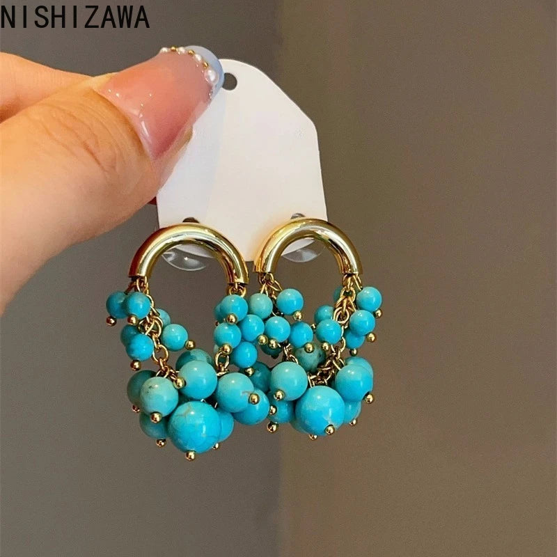 NISHIZAWA Turquoise Earrings for Women Vintage Bohemian Tassels Sweet Jewelry Palace Style Fashion Elegant Pendientes Mujer