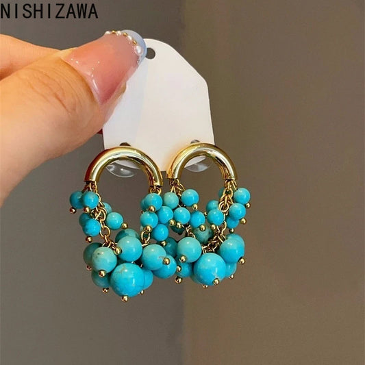 NISHIZAWA Turquoise Earrings for Women Vintage Bohemian Tassels Sweet Jewelry Palace Style Fashion Elegant Pendientes Mujer