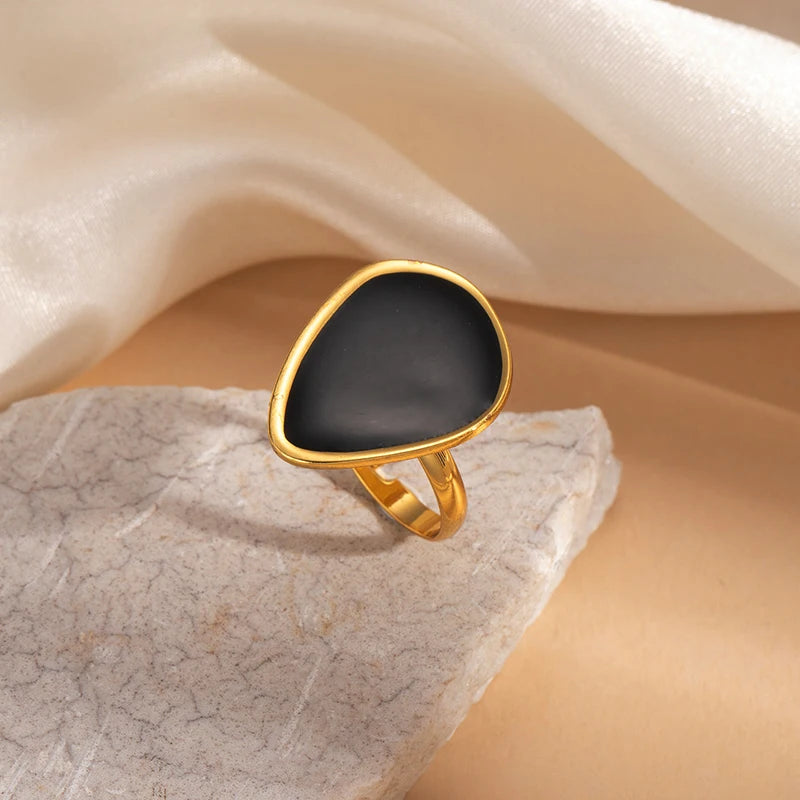 ANENJERY 316L Stainless Steel Geometric Circular Heart Waterdrop Enamel Ring For Women Luxury Temperament Fashion Jewelry Gifts