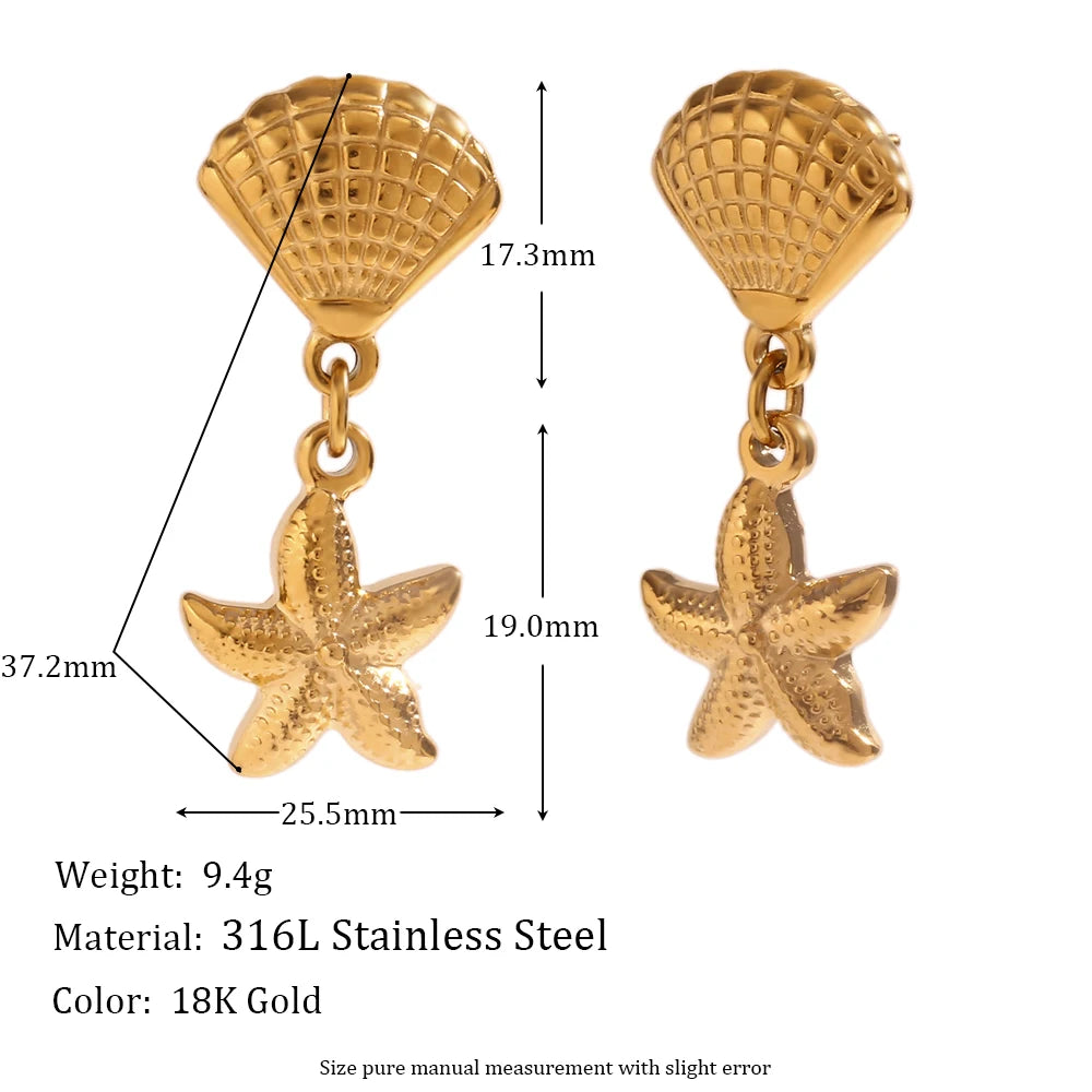E.B.belle Scallop and Starfish Splicing Earrings 316L Stainless Steel Women's Earrings 18K Gold Plated Decoration