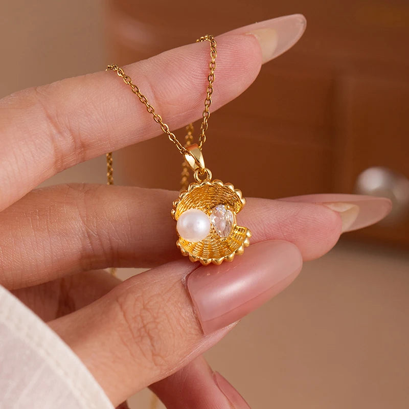 ANENJERY 316L Stainless Steel Flower Butterfly Shell Pendant Necklace For Women Delicate Elegant Fashion Jewelry Gifts Wholesale