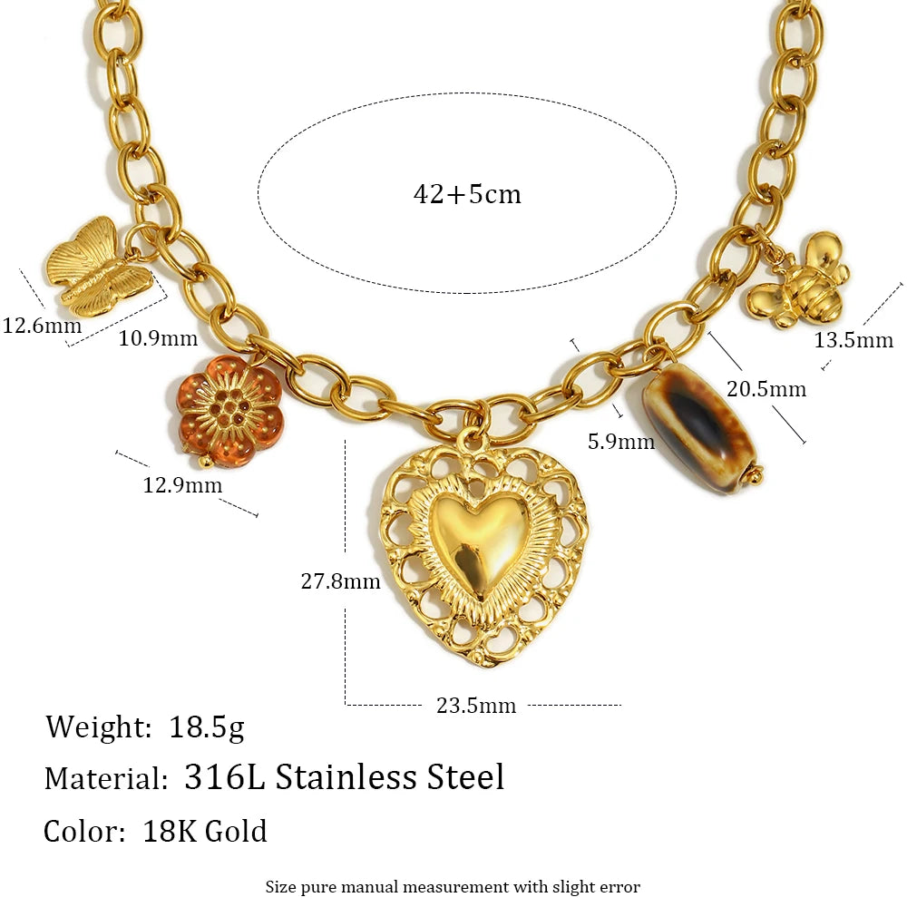 E.B.belle Vintage Style PVD Plated  Hollow Heart Butterfly Charm Necklace Stainless Steel Women Waterproof Party Neck Jewelry