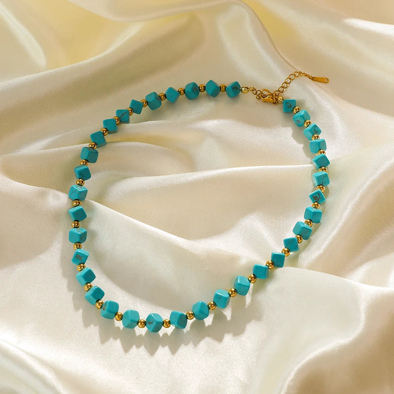EILIECK 316L Stainless Steel Green Stone Necklaces Irregular Bead String Necklace Fashion Women's Vacation Jewelry Chain Chokers