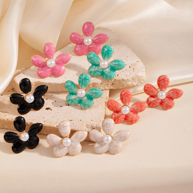 ANENJERY 316L Stainless Steel Colorful Enamel Flower Butterfly Earrings For Women French Delicate Elegant Jewelry Birthday Gifts