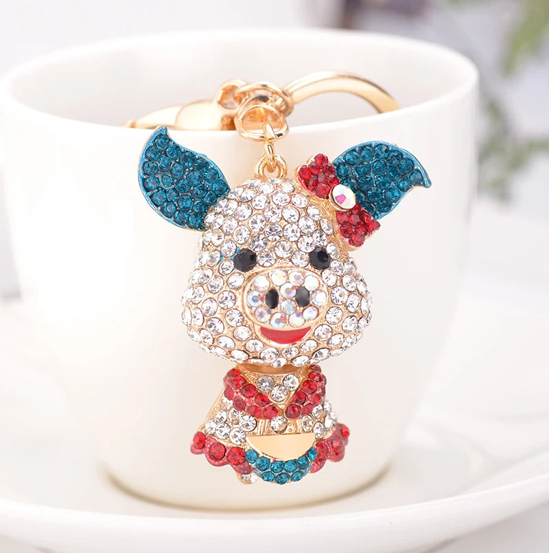 EASYA Cute Pig Shape Keychain Bag Key Ring Kawaii Anime Vintage Metal Crystal High-end Luxury Ladies Charm Jewelry gifts friends