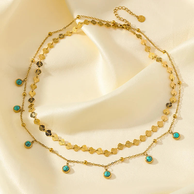 EILIECK 316L Stainless Steel Artificial Turquoise Pendant Necklace for Women Fashion Waterproof 2 Layer Neck Chain Jewelry Gift