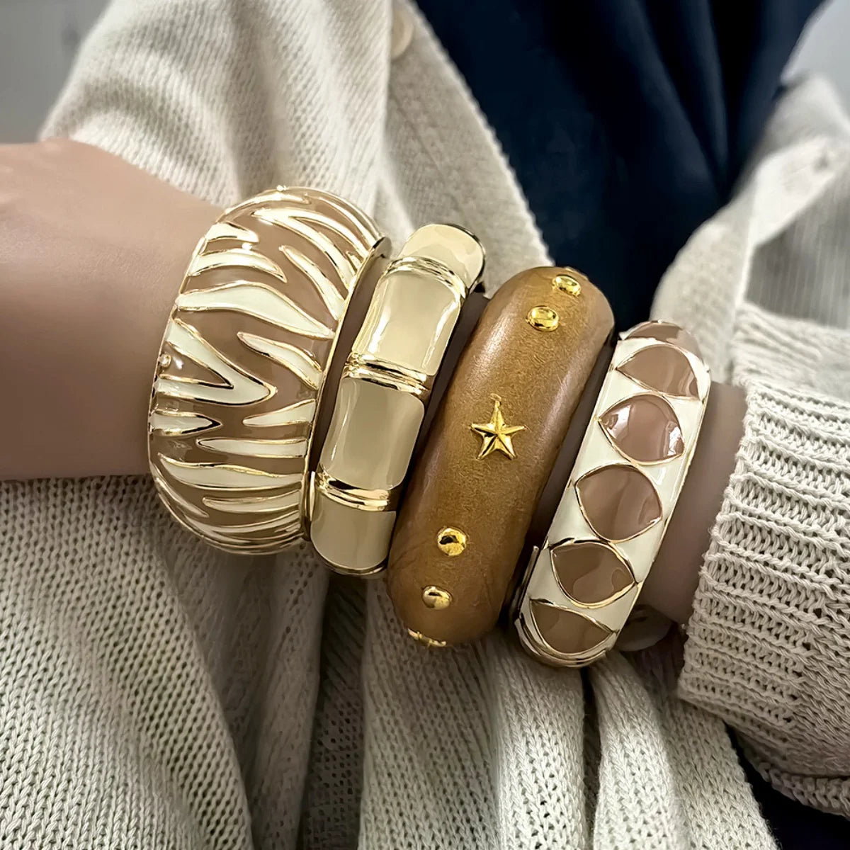KMVEXO Irregular Enamel Spring Metal Chunky Bangles For Women Geometric Wood Wide Cuff Bracelet Punk Hip Hop Statement Jewelry ﻿