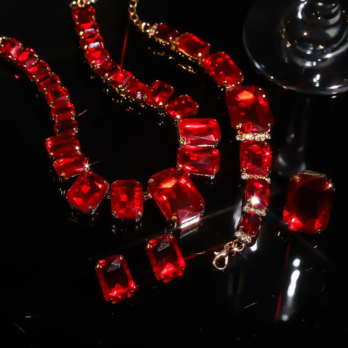 FYUAN Red Champagne Green Rectangle Geometric Necklace Earrings Bracelet Crystal Earrings for Women Wedding Jewelry Sets