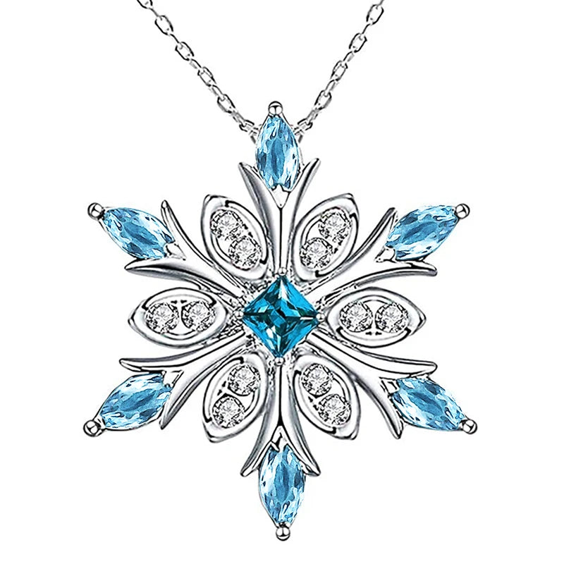 Huitan Christmas Snowflake Pendant Necklace Lady Chic Bright White&Blue Zirconia Accessories Exquisite New Year's Gift Jewelry