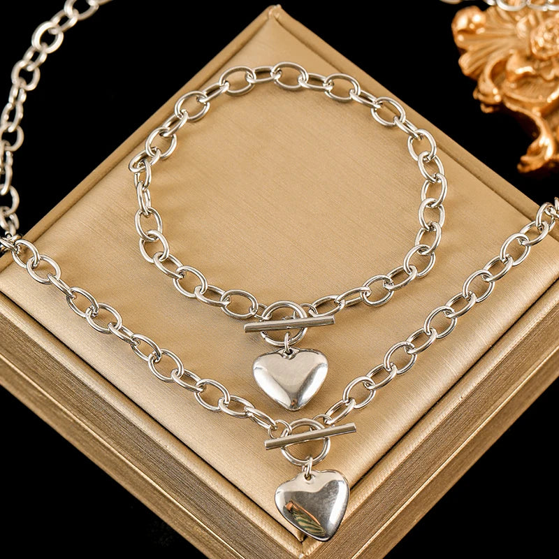 EILIECK 316L Stainless Steel Silver Color Heart Love Necklace Bracelets Set For Women Trendy OT Buckle Waterproof Jewelry Set