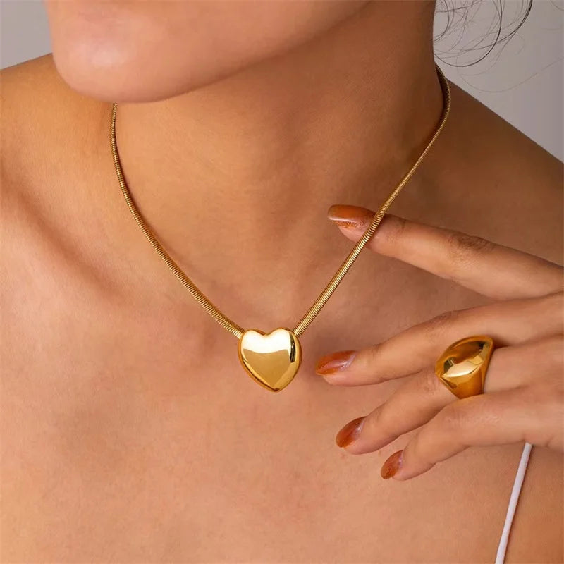 EILIECK 316L Stainless Steel Gold Silver Color Heart Pendant Necklace For Women Trendy Waterproof Chain Jewelry Holiday Gift