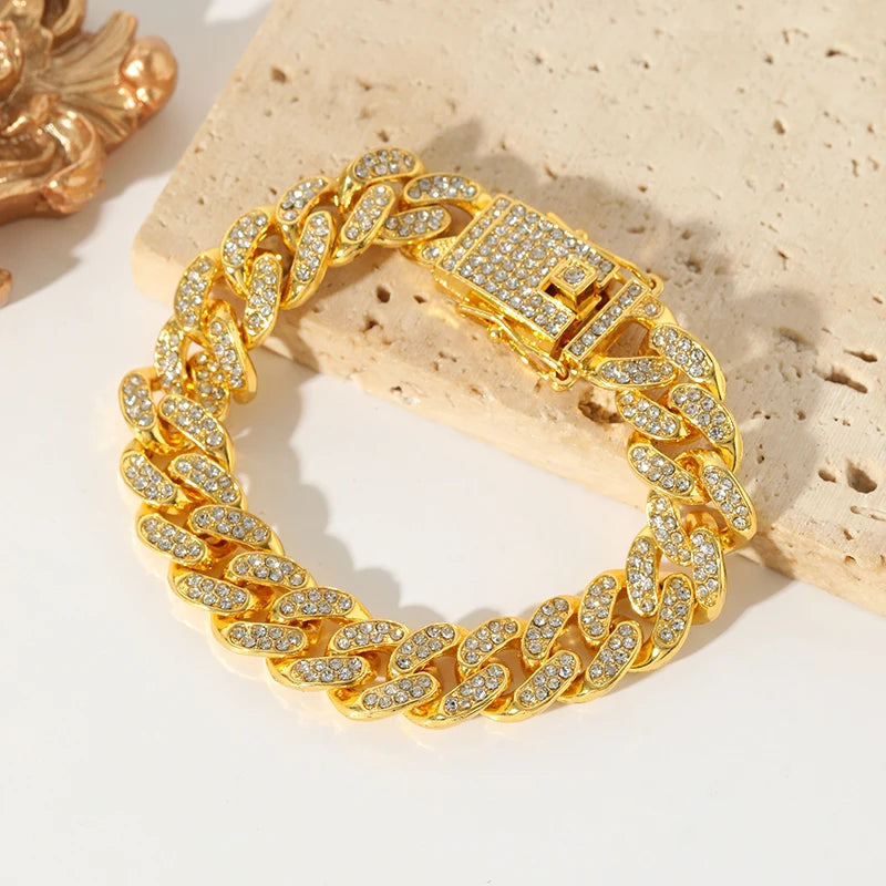 EILIECK Exquisite Geometric Thick Cuban Chain Necklace Bracelet Set Trendy Collar Punk Zirconia Collar Jewelry Women Men New