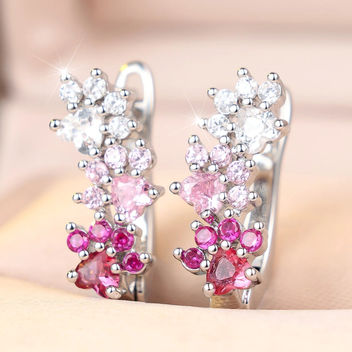 Small Waterdorp Footprint White Pink Zircon Stone Fashion Hoop Earrings Charm Cute Female Silver Color Wedding Jewelry For Women