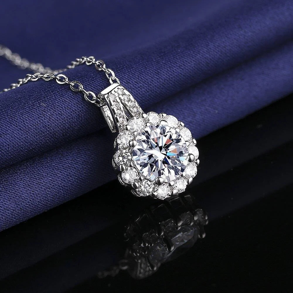 925 Sterling Silver Necklace 2 Carat Aaaaa Zircon Fashion Korean Women Elegant Round Pendant Necklace Birthday Jewelry Gift
