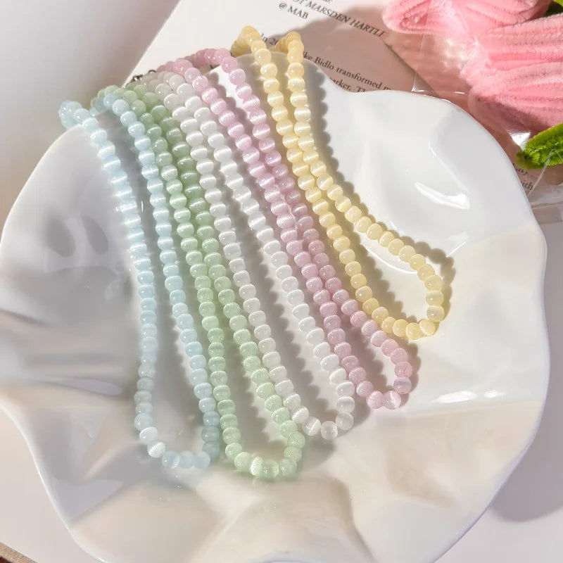 2026 Summer Trendy Candy Color Crystal Opal Beaded Cat's Eye Stone Bead Choker Necklace For Women Fashion Aesthetic Accessories
