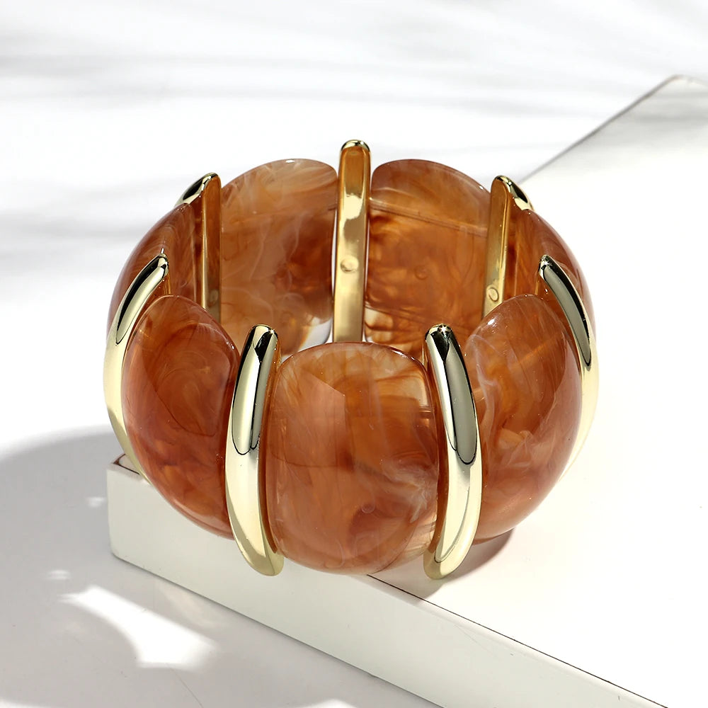 Fashion Acrylic Colorful Wide Elastic Geometric Petal Bangle Bracelets Exaggerate Curved Beads Cuff Bracelet Gifts for Women