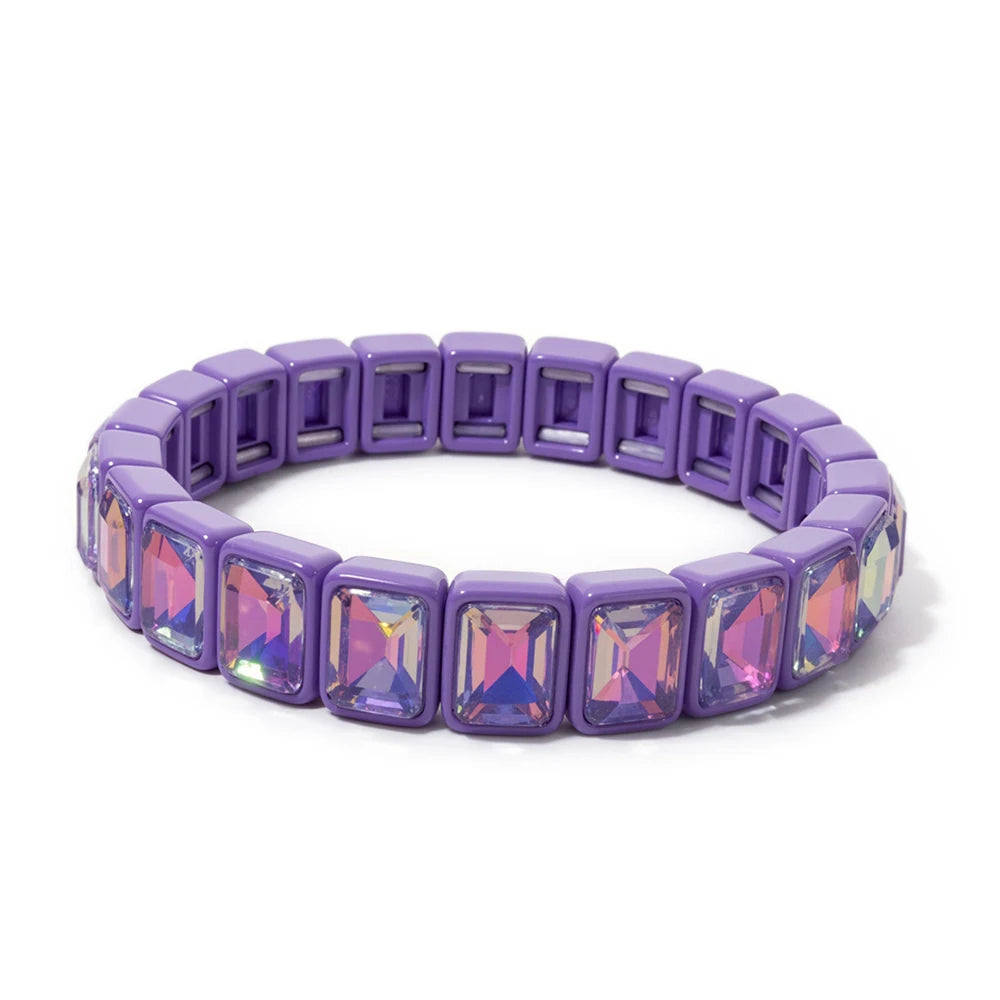 8x10mm Zirconia Enamel Bangle For Women Handmde Rainbow Color Elastic Beaded Bracelets