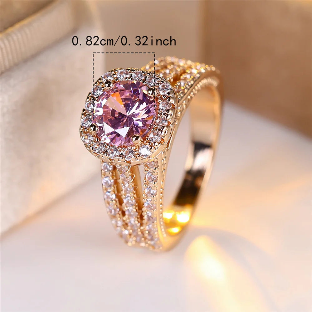 Luxury Female Yellow Gold Color White Pink Zircon Stone Wedding Jewelry Promise Love Engagement Rings For Women