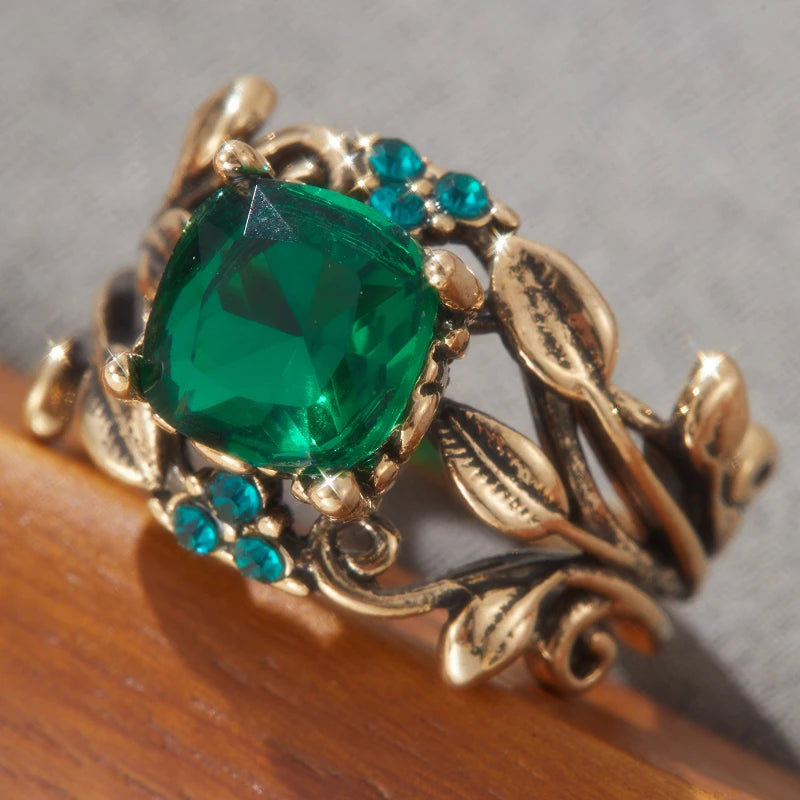 1PC Gold Color Leaf Design Ring for Women with Square Green Cubic Zirconia Aesthetic Female Wedding Party Trendy Jewelry