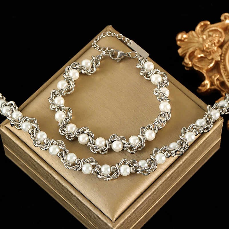 EILIECK 316L Stainless Steel Pearl Chain Necklace Bracelet Set For Women Fashion Waterproof Silver Color Jewelry Set Gift Party